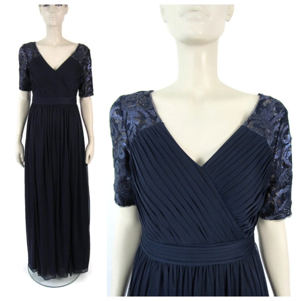 Adrianna Papell Navy Short Sleeve Tulle Gown 4